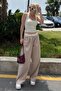 Beige High Waist Relaxed Fit Wide Leg Pants Mg2120 - 2