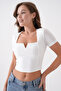 Women's Stretch Fabric Square Neck V Detailed Short Sleeve White Blouse 10432
