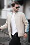 Beige Half-Turtleneck Zip-Up Printed Men's Cardigan 7081