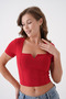 Women's Stretch Fabric Square Neck V Detailed Short Sleeve Red Blouse 10432 - 6