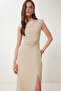 Padded Draped Midi Woven Dress Beige Lwf0029 - 3
