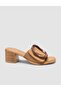100% Genuine Leather Buckle Detailed Tan Women's Slippers