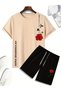 Men's Clothing Set, Rose Graphic T-Shirt and Lace-Up Shorts, Teenager's 2-Piece Sportswear,