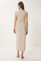 Padded Draped Midi Woven Dress Beige Lwf0029 - 5
