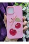 iPhone 15 Compatible Pink Silicone Phone Case with Cherry and Ribbon Pattern Velvet Inside