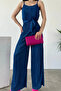 Women's Strappy Wide Leg Belted Krinkle Jumpsuit Cobalt Blue - 4
