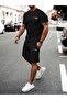 Paris Stripe T-Shirt Combed Cotton Shorts - Black Shorts T-Shirt Set Printed Oversize Crew Neck - 5