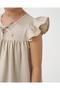 Girl's Linen Beige Floral Embroidered Ruffle Sleeve Dress - 6