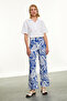 Women's Blue Printed Linen Blend Cropped Trousers