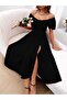 Women's Square Neck Slit Short Sleeve Midi Crepe Dress