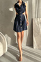 Women's Sleeveless Polo Neck Buttoned Low-Cut Short Denim Dress Navy Blue - 7