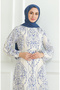 Linen Dress - Patterned and Belted, Beige Cobalt Blue 0471E-05 - 3