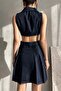 Women's Sleeveless Polo Neck Buttoned Low-Cut Short Denim Dress Navy Blue - 5