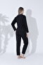 Women's Black-And-White Bias Cotton Long Sleeve Buttoned Comfortable Pajama Set - 3