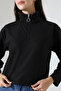 Thessaloniki Zippered Shirt Collar Basic Women's Sweatshirt 21986 Black - 2