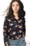 Women's Light Pink Floral Patterned Long Sleeve Summer Navy Blue Shirt - 4
