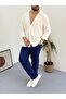 White Navy Blue Men's Summer Crinkle Lycra Fabric Long Sleeve Shirt Tracksuit 2 Piece Wrap Suit - 2