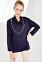 Women's Collar Collar Long Sleeve Combed Cotton Blouse with Metal Necklace Navy Blue - 2