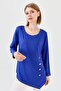 Women's Crew Neck Front Wooden Buttoned Combed Cotton Blouse Cobalt Blue - 8
