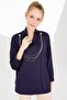 Women's Collar Collar Long Sleeve Combed Cotton Blouse with Metal Necklace Navy Blue