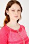 Women's Crew Neck Long Sleeve Zippered Leather Combed Cotton Jacket Fuchsia - 2