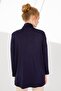 Women's Collar Collar Long Sleeve Combed Cotton Blouse with Metal Necklace Navy Blue - 3