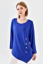 Women's Crew Neck Front Wooden Buttoned Combed Cotton Blouse Cobalt Blue - 7