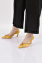 Women's Pointed Toe Top Cross Silver Stone Heeled Shoes Mustard Satin 282621085