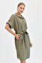 Women's Shirt Collar Collar and Pocket Buttoned Dress Khaki - 6