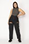 Women's Black Ripped Detailed Wide Hip Jeans 18n29207 - 3