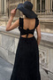Women's Black Back Bow Tie Detailed Lined Sleeveless Strap Long Scallop Dress - 6