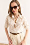 Women's Tiny Flower Beige Sleeve Fold Cuffless Linen Content Shirt Gml-19001338 - 3