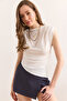 Women's Ecru Padded Draped Detailed Asymmetrical Bottom Sandy Blouse Blz-19002950