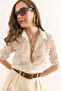 Women's Tiny Flower Beige Sleeve Fold Cuffless Linen Content Shirt Gml-19001338 - 5