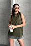 Women's Khaki Buttoned V-Neck Ethnic Patterned 100% Cotton Tank Top - 4