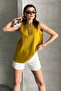 Women's Mustard Button V Neck Ethnic Print 100% Cotton Tank Top - 2