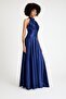Navy Blue Waist Draped Satin Evening Dress - 4