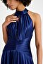 Navy Blue Waist Draped Satin Evening Dress - 2