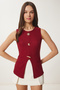 Gold Buckle Corded Knitted Blouse Claret Red Lzh0012 - 2