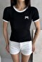 Women's Black Bow Embroidered Contrast Ribbed Knitted Blouse - 3
