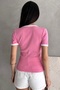 Women's Pink Bow Embroidered Contrast Ribbed Knitted Blouse - 3