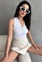 Women's White Metal V Accessory Sleeveless Ribbed Knitted Blouse - 2
