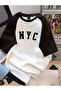 Nyc Printed Single Jersey White Black Raglan Sleeve T-Shirt - Oversize Crew Neck T-Shirt