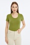 Women's Oil Green Crew Neck Short Sleeve Plain Viscose Blouse