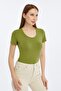 Women's Oil Green Crew Neck Short Sleeve Plain Viscose Blouse - 3