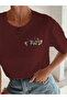 Women's Burgundy Floral Pocket Printed Oversize T-Shirt