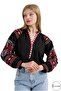 Women's Ethnic Embroidered Vintage Black Linen Cotton Blend Blouse