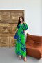 Women's Green Branch Patterned Double Breasted Dress with Elastic Waist and Long Slits - 2