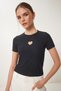 Women's Black Heart Embroidered Ribbed Knitted T-Shirt Zv00289