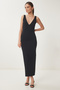 Women's Black V-Neck Midi Knitted Dress Ub00378